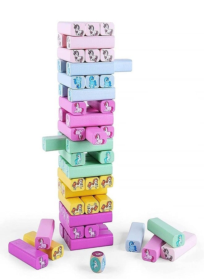 شورو لعبة مكعبات خشبية من SHORO بتصميم وحيد القرن الملون، لعبة بناء وتوازن وألغاز تعليمية وتصنيفية، ألعاب عائلية، ألعاب مونتيسوري، هدايا للأطفال - 51 قطعة مع نردين - Image 1